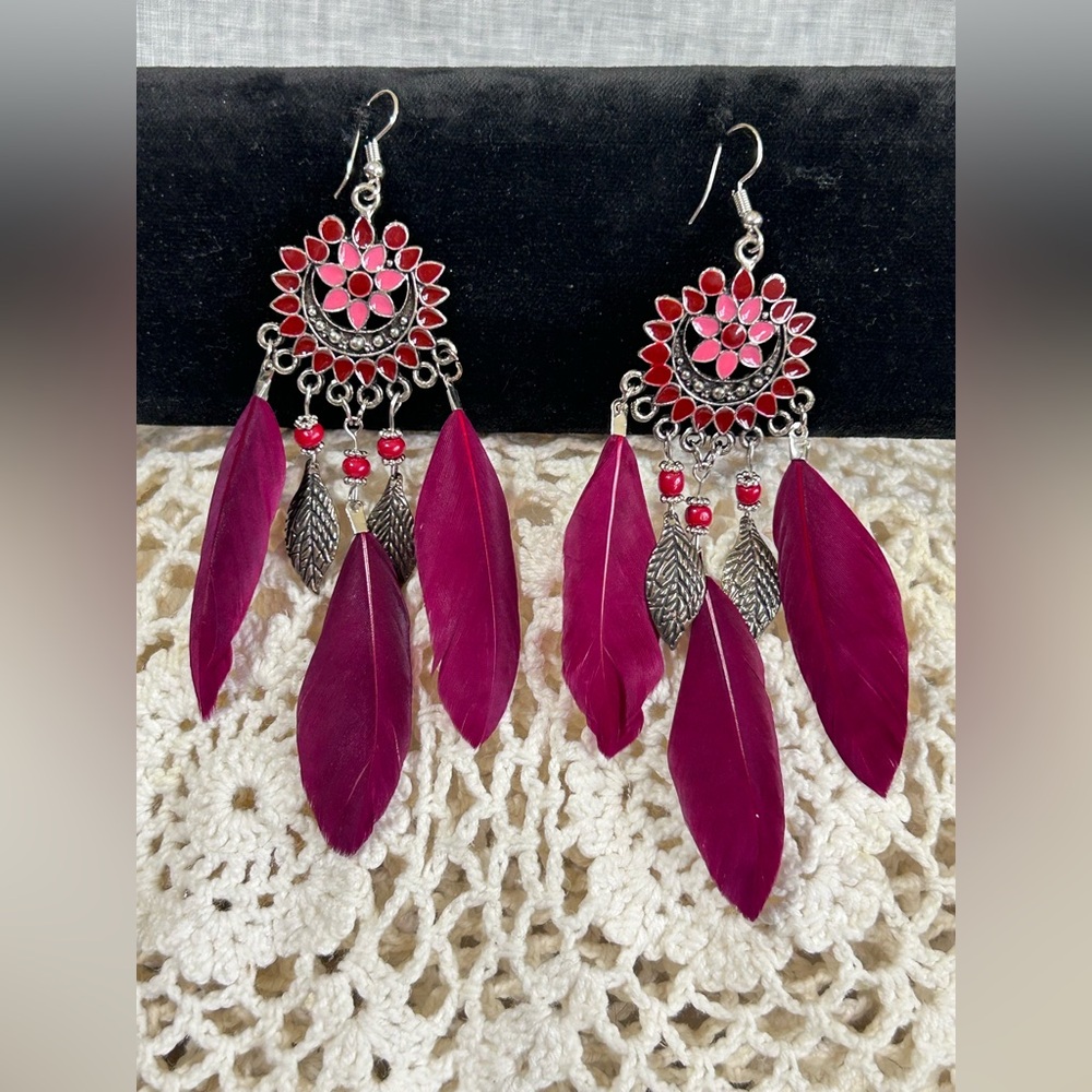 Feather Earrings Boho Vibrant Magenta Burgundy Silver Tone Chandelier Enamel